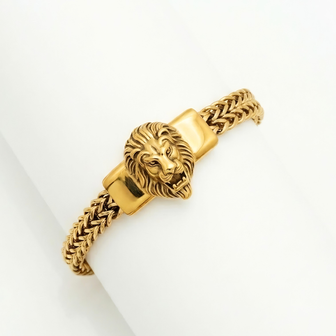 18K Gold Plated Stainless Steel Lion Head Franco Link Bracelet – Sculpted 3D Lion Centerpiece Mesh Link Bracelet for Men & Women